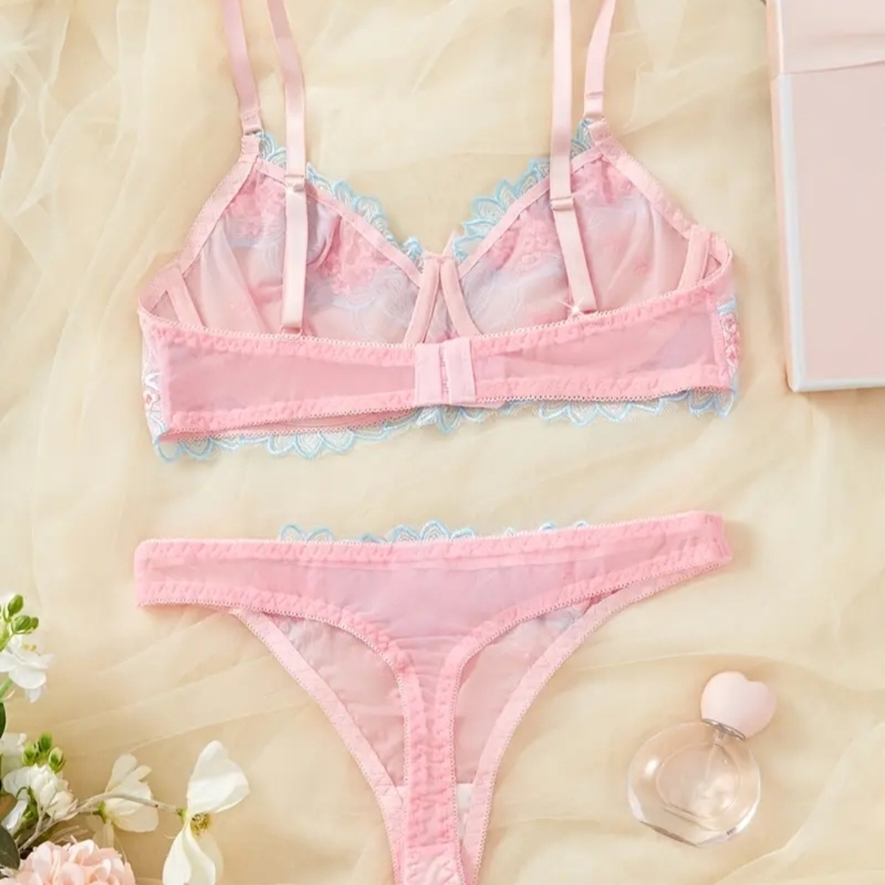 Pastel Pink and Blue Lace Bra & Panty Set. Small. - Picture 2 of 4